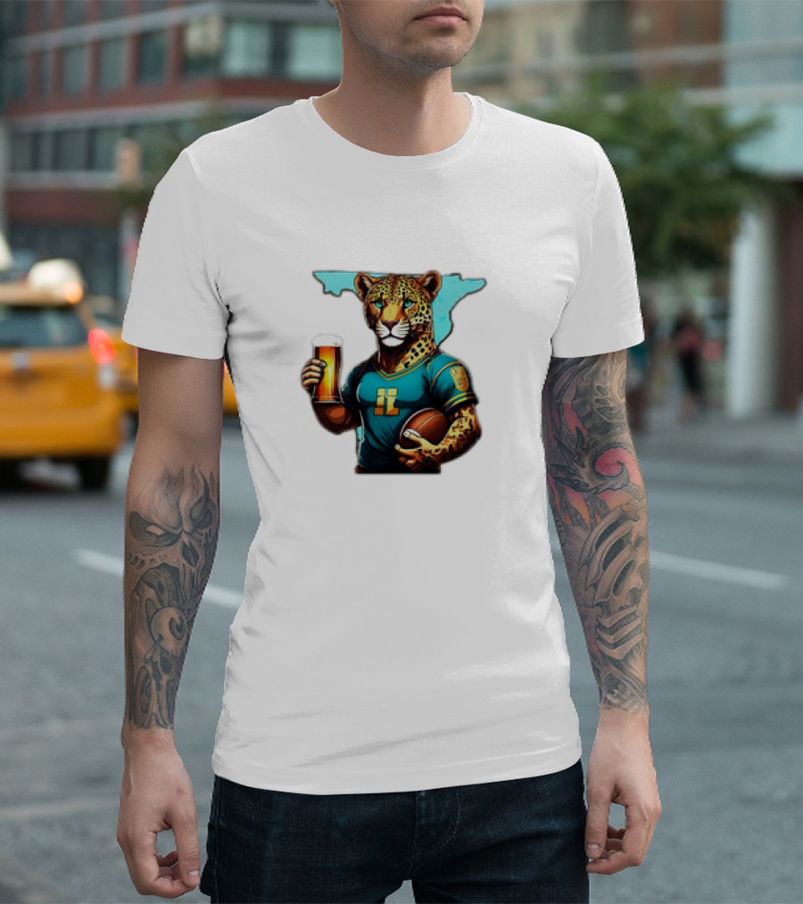 Jacksonville Jaguars Fan Jaguar with Beer and Football T-Shirt