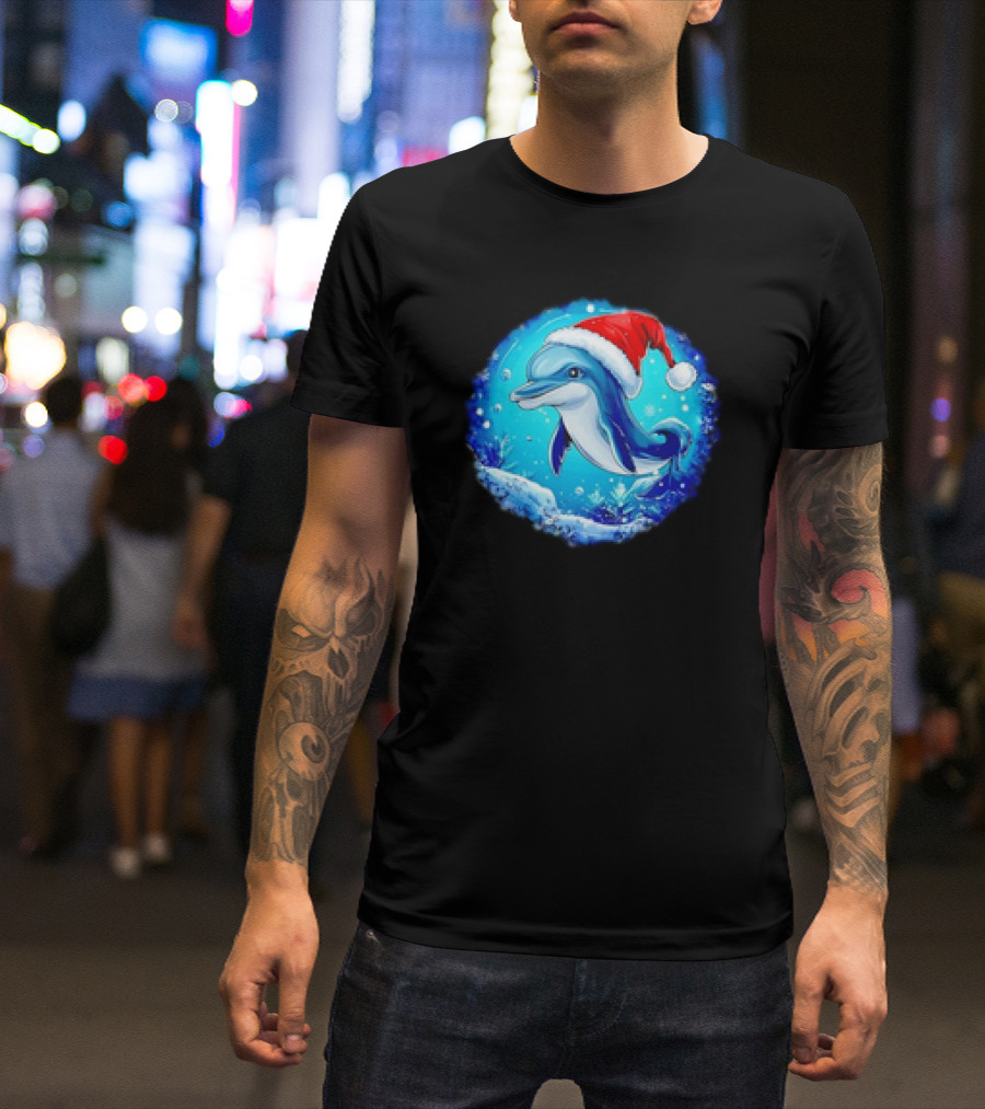 Dolphins Christmas Cute Santa Hat Snowflakes T-Shirt