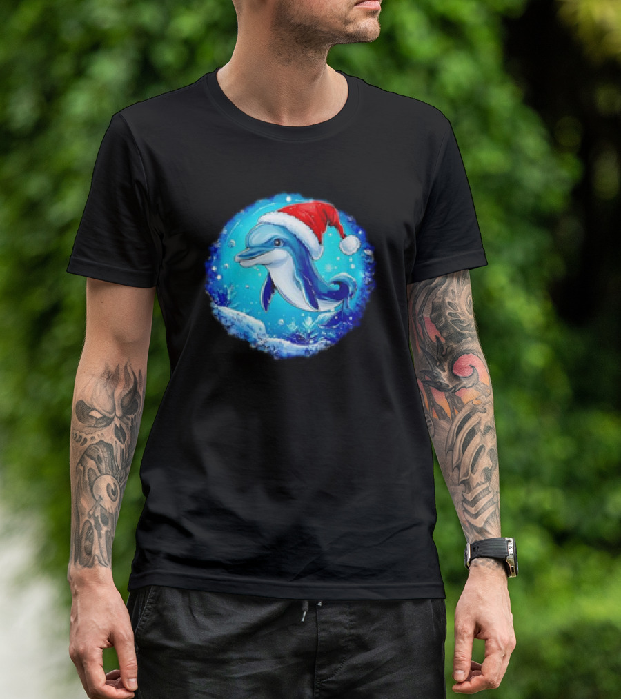 Dolphins Christmas Cute Santa Hat Snowflakes T-Shirt