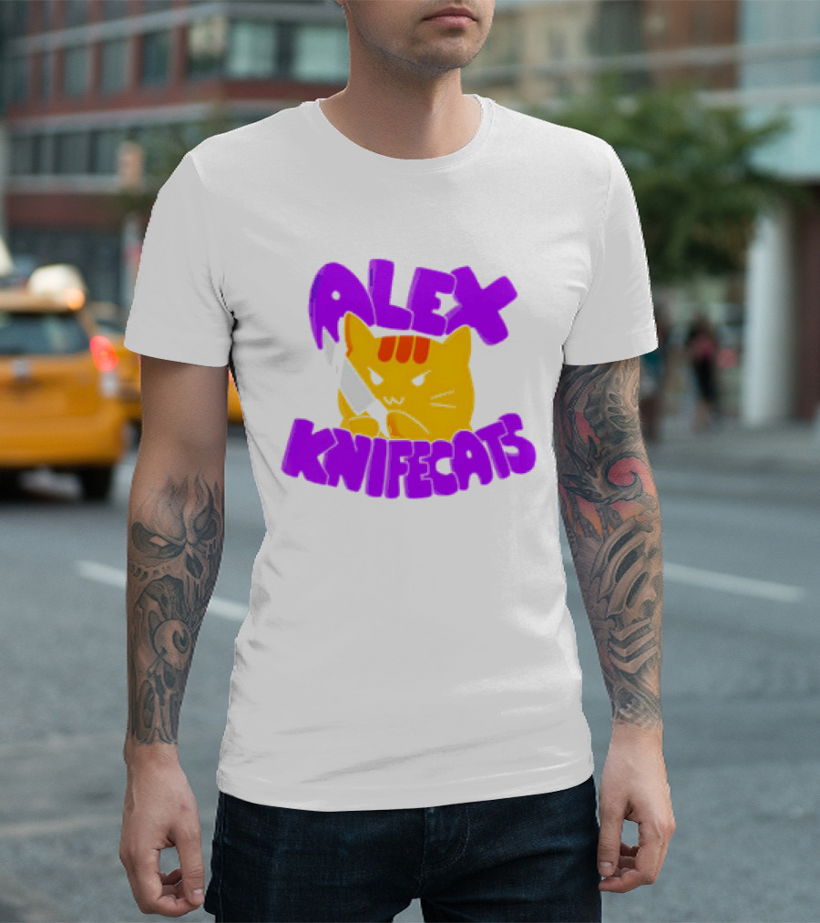 Alex Knifecats Orange Cat Purple Text T-Shirt