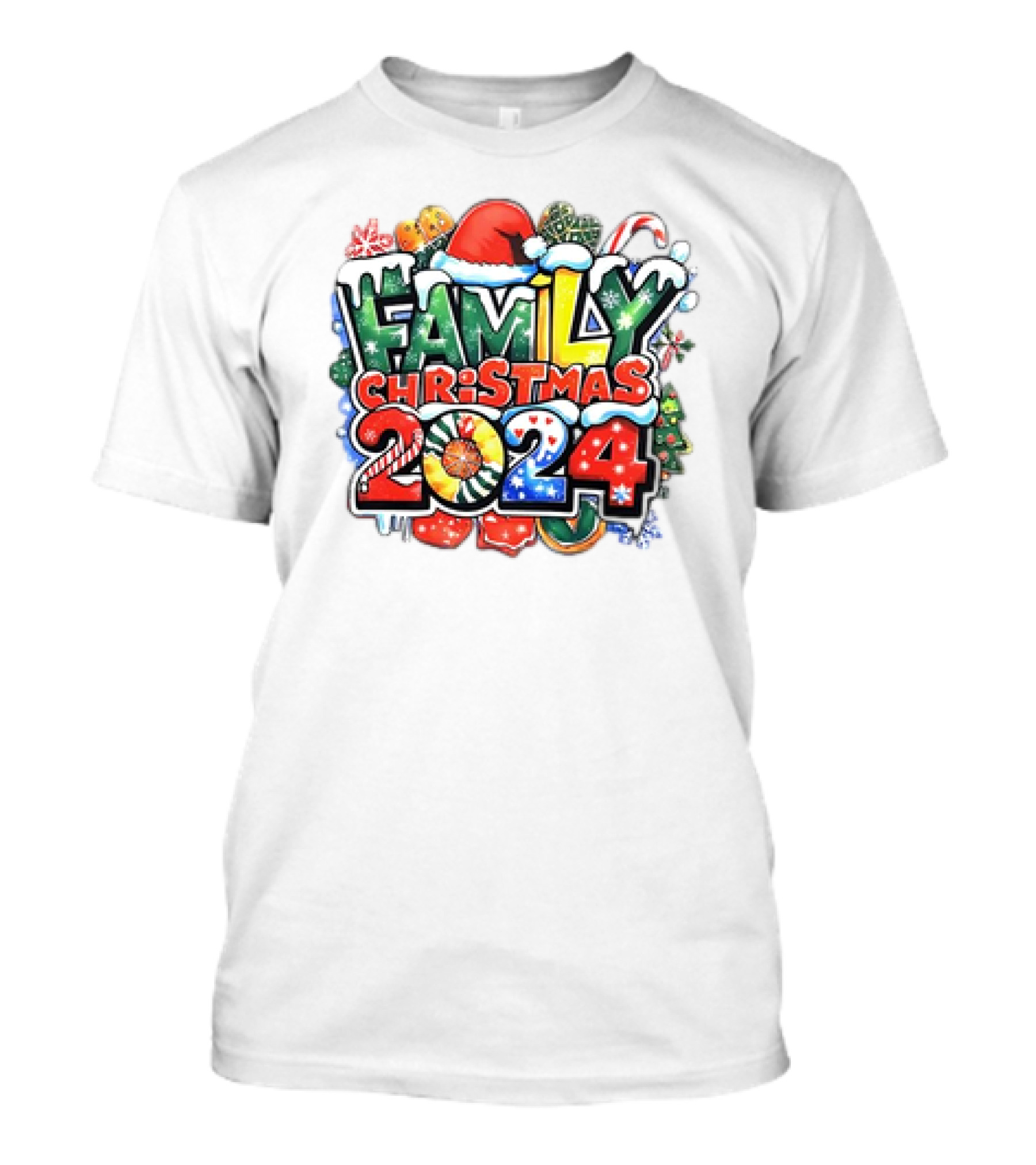 Family Christmas 2024 Santa Hat Candy Canes Ornaments Snowflakes T-Shirt
