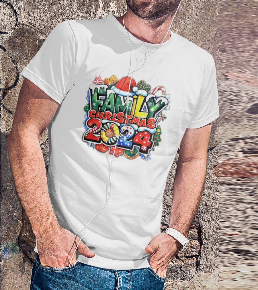 Family Christmas 2024 Santa Hat Candy Canes Ornaments Snowflakes T-Shirt