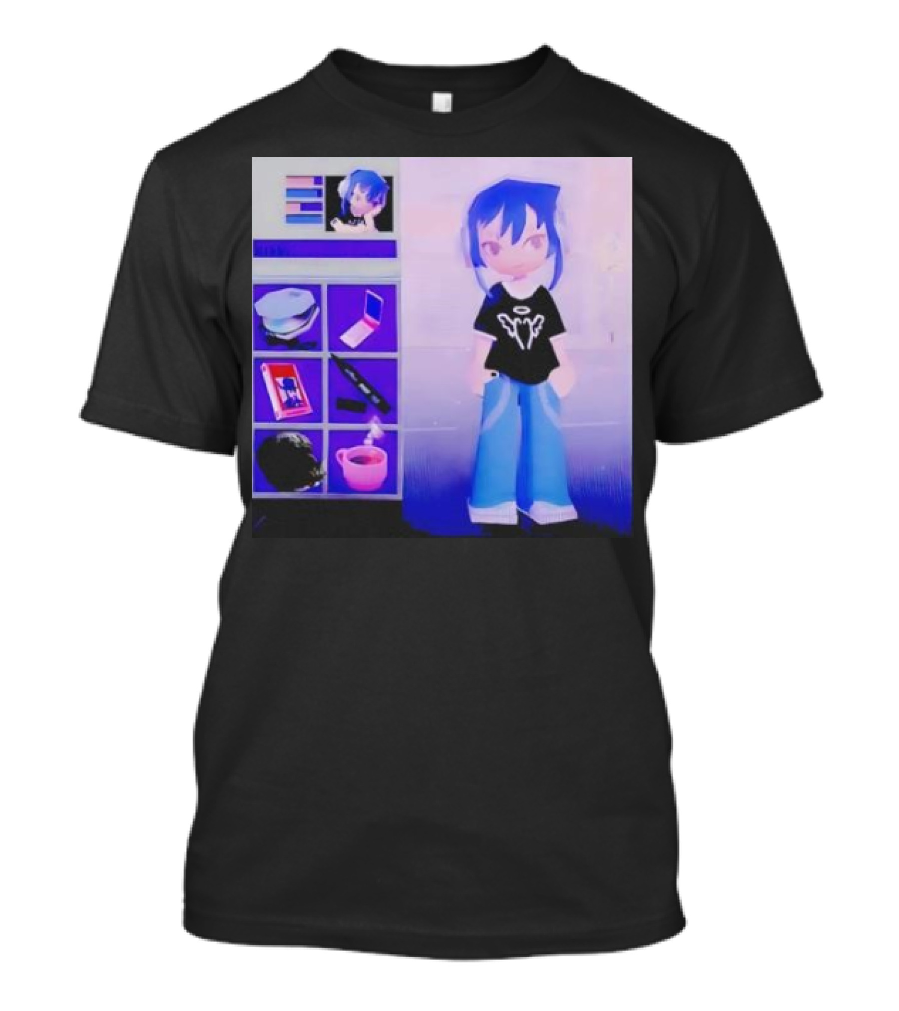 Nikki Carreon Basic Necessities Anime Character With Blue Hair And Black T-Shirt