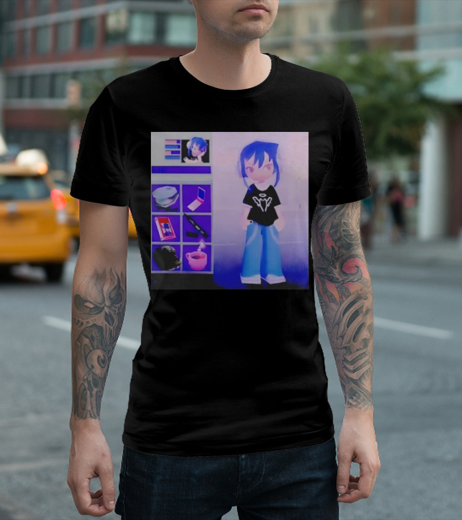 Nikki Carreon Basic Necessities Anime Character With Blue Hair And Black T-Shirt