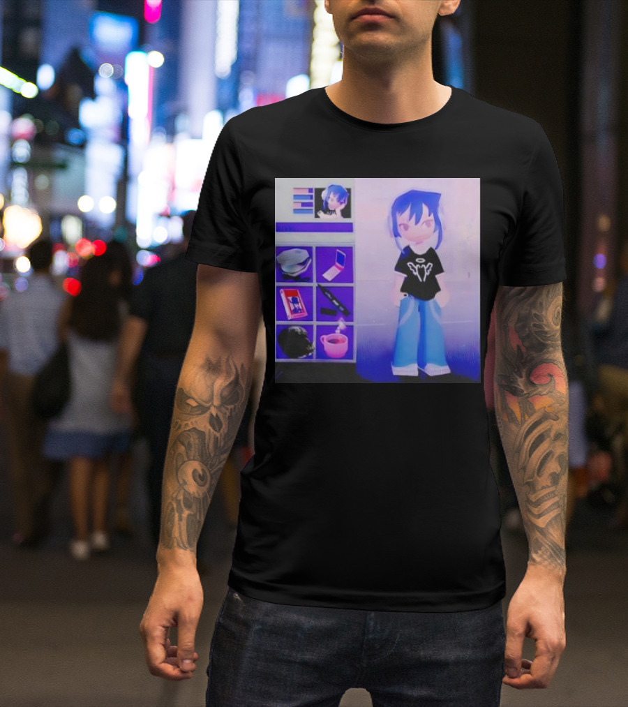 Nikki Carreon Basic Necessities Anime Character With Blue Hair And Black T-Shirt