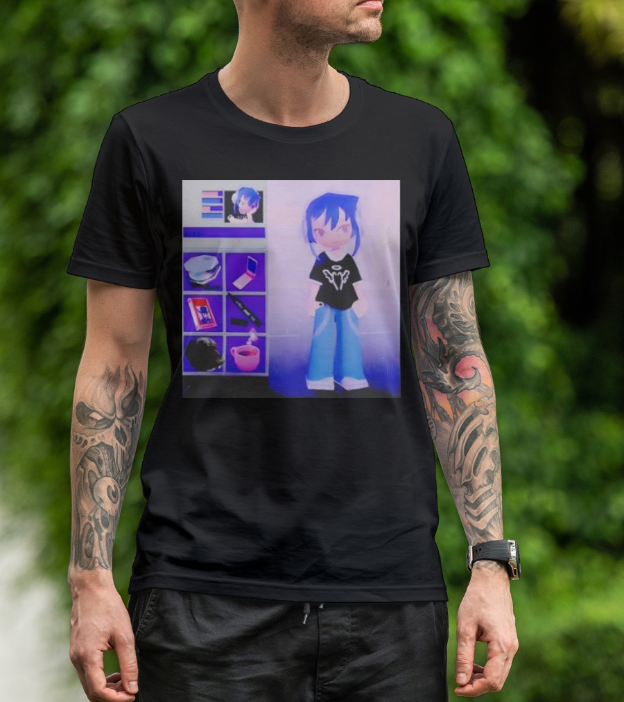 Nikki Carreon Basic Necessities Anime Character With Blue Hair And Black T-Shirt