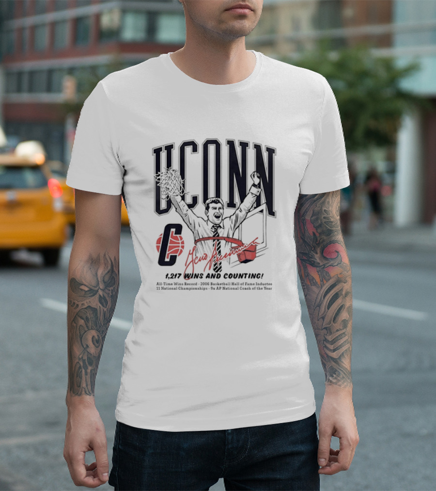 UConn 1,217 Wins and Counting Geno Auriemma Basketball Hall of Fame 11 National Championships 9x AP National Coach of the Year T-Shirt