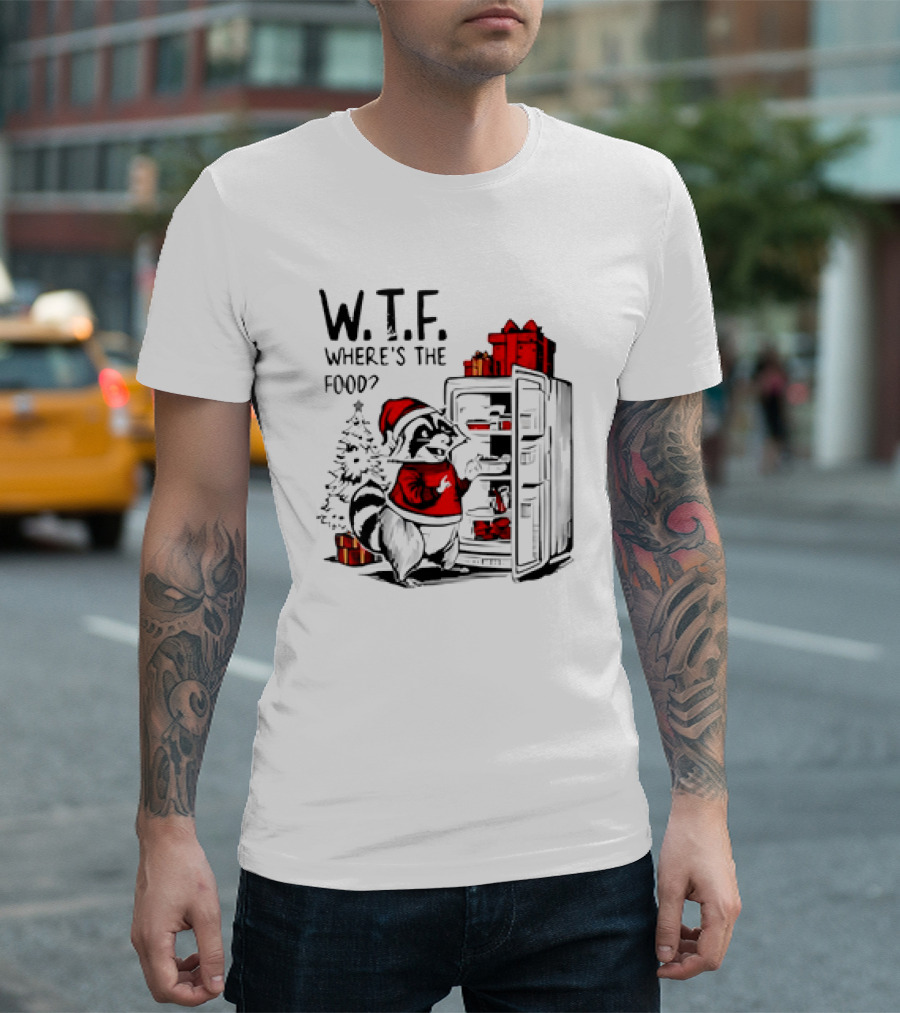 W.T.F. Where's The Food Christmas Foodie Raccoon With Fridge And Santa Hat T-Shirt
