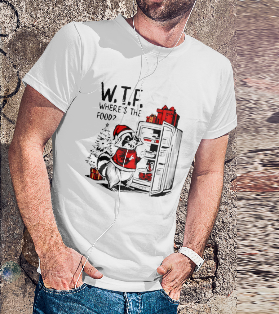 W.T.F. Where's The Food Christmas Foodie Raccoon With Fridge And Santa Hat T-Shirt