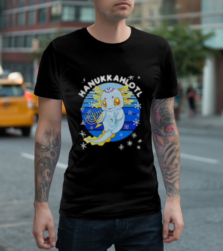 Hanukkahlotl Axolotl Dreidel Menorah Snowflakes Retro T-Shirt