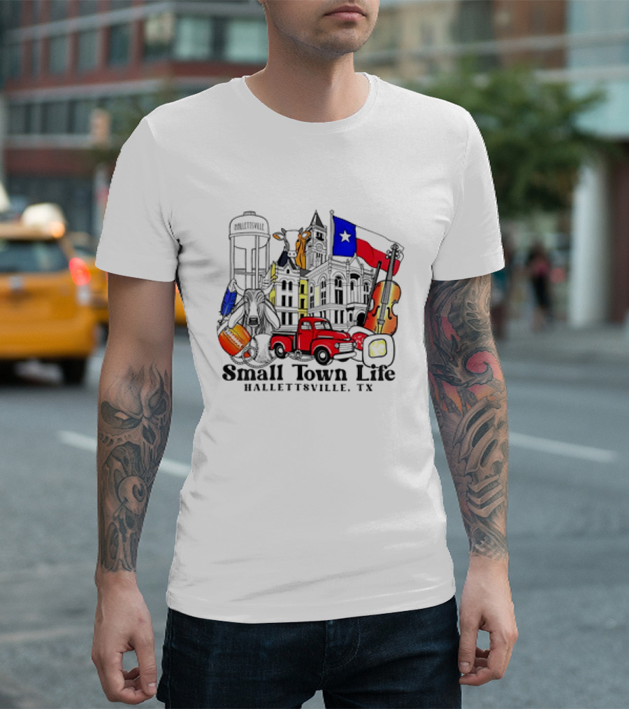 Small Town Life Hallettsville TX Water Tower Historic Courthouse Red Truck Texas Flag Cow Guitar T-Shirt