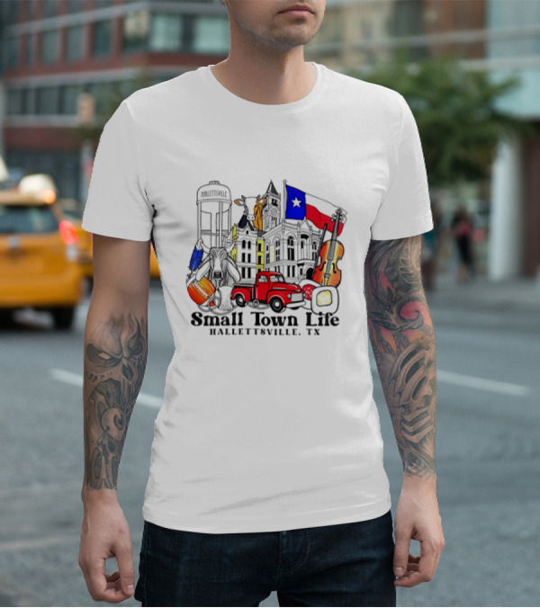 Small Town Life Hallettsville TX Water Tower Historic Courthouse Red Truck Texas Flag Cow Guitar T-Shirt