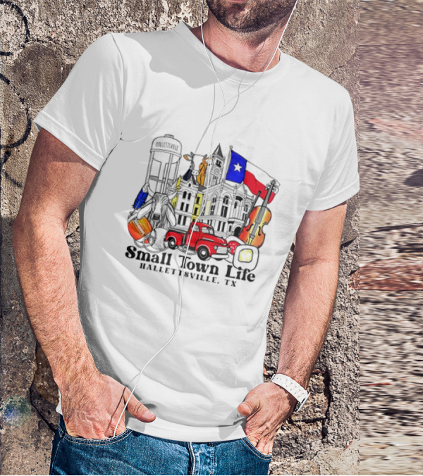 Small Town Life Hallettsville TX Water Tower Historic Courthouse Red Truck Texas Flag Cow Guitar T-Shirt