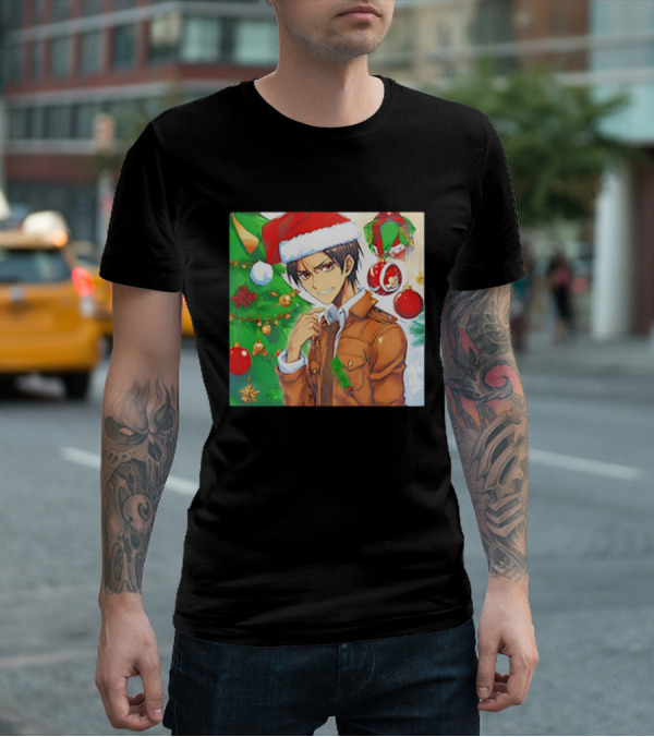 Eren Yeager Santa Hat Christmas Attack On Titan Anime Festive Tree Ornaments T-Shirt