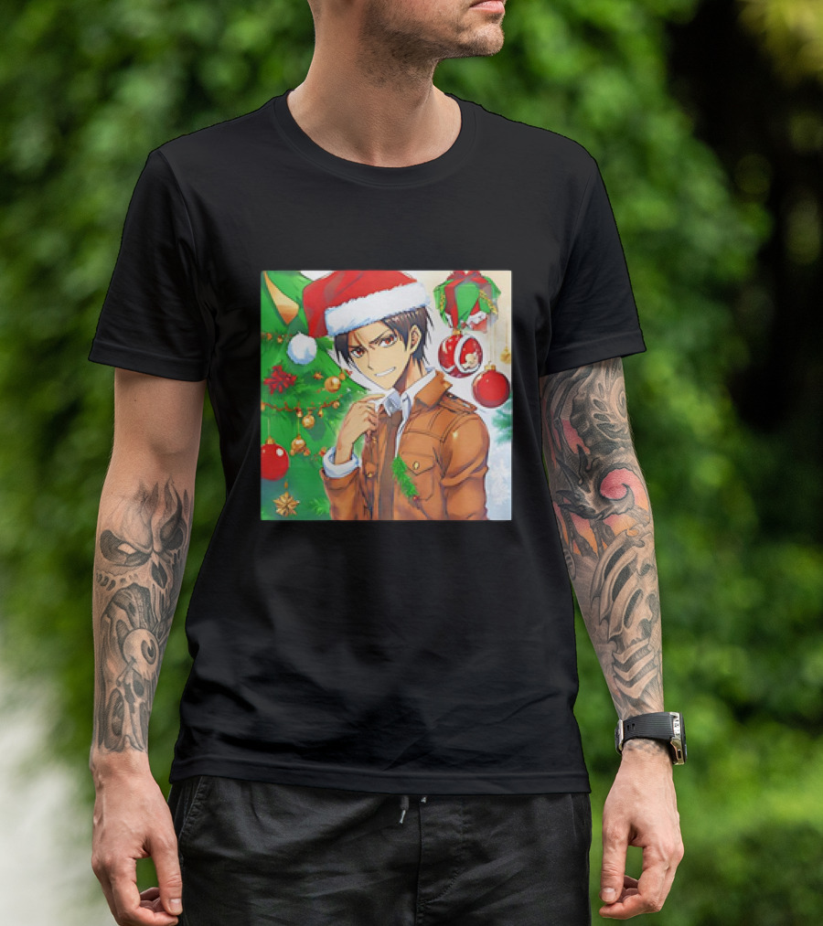 Eren Yeager Santa Hat Christmas Attack On Titan Anime Festive Tree Ornaments T-Shirt