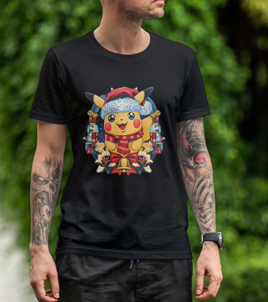 Pikachu Christmas Hat Scarf Nutcracker Bells Pokémon Holiday T-Shirt