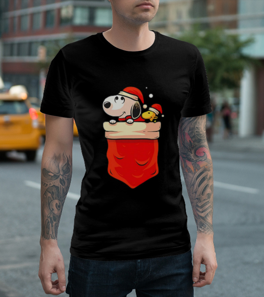 Snoopy and Woodstock Christmas Santa Hats in Red Pocket T-Shirt