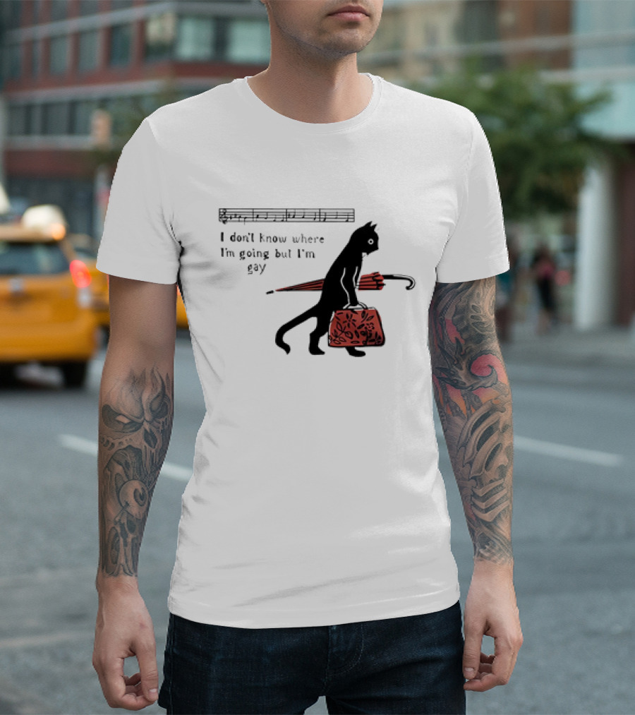 I Don't Know Where I'm Going But I'm Gay Cat with Umbrella and Bag T-Shirt