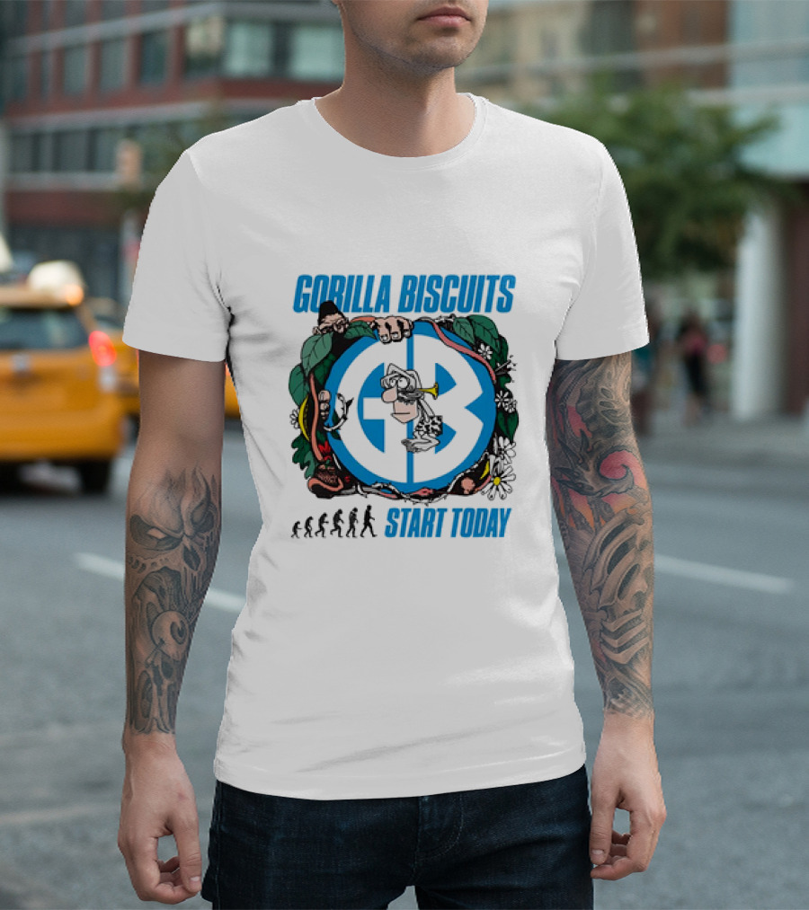 Gorilla Biscuits Start Today Evolution Theme Logo with Characters and Nature Elements T-Shirt