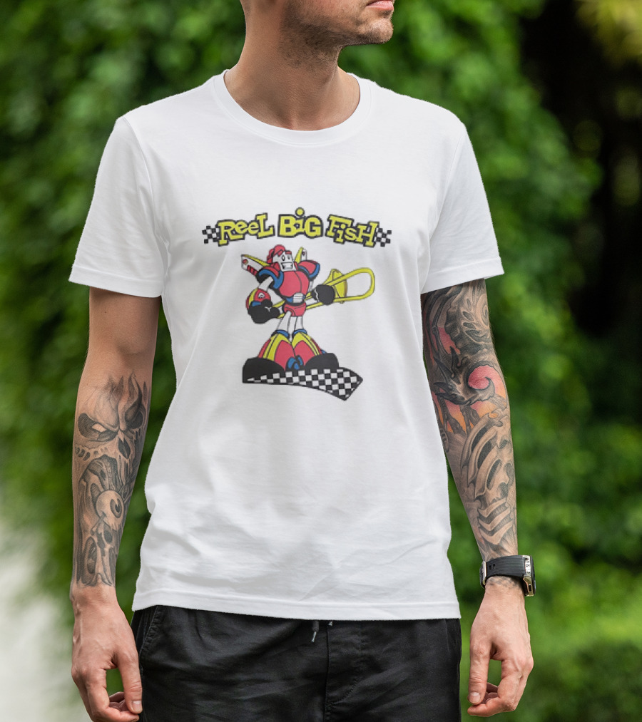 Reel Big Fish Robot Character With Trombone And Checkerboard T-Shirt