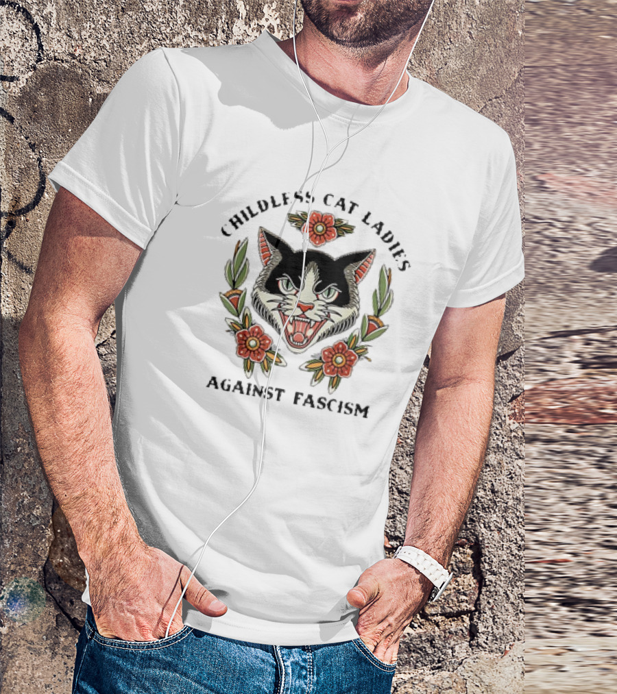 Childless Cat Ladies Against Fascism Fierce Cat Floral Emblem T-Shirt