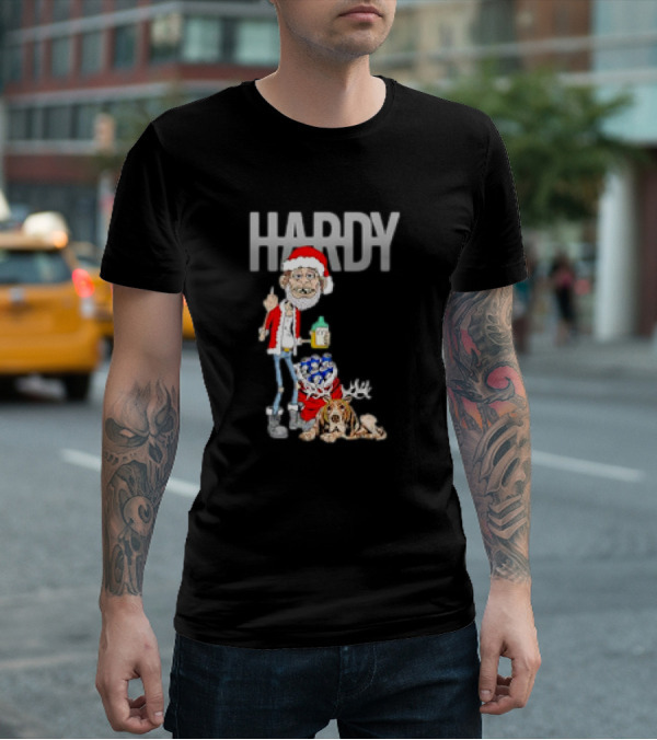 Hardy Jim Bob Holiday Christmas Santa With Beer And Reindeer Dog T-Shirt