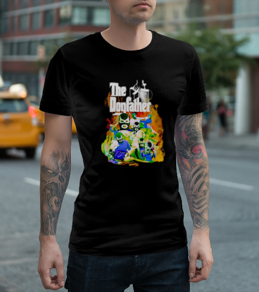 The Dogfather Powerfish Masked Characters in Colorful Scene T-Shirt