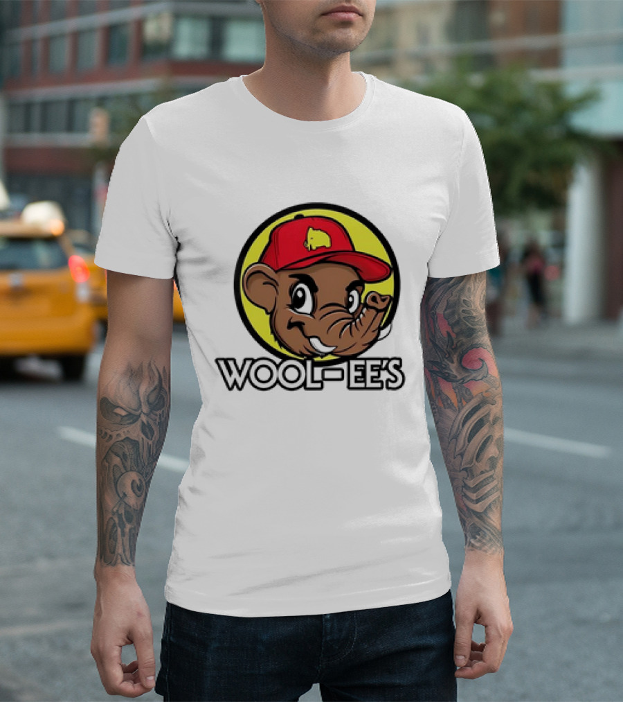 Wool-Ee’s Woolly Mammoth Cartoon Character In Red Cap With Yellow Background T-Shirt