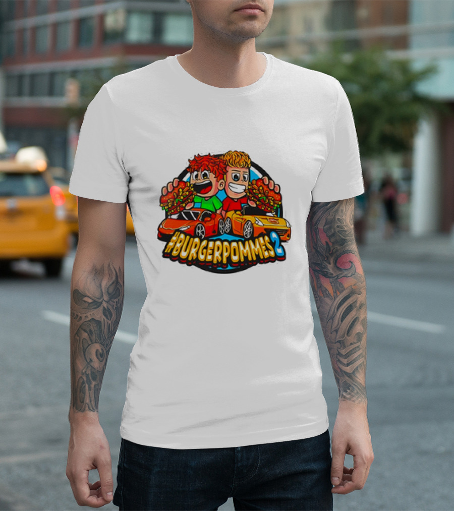 Burgerpommes 2 Cartoon Characters with Super Cars and Burgers T-Shirt