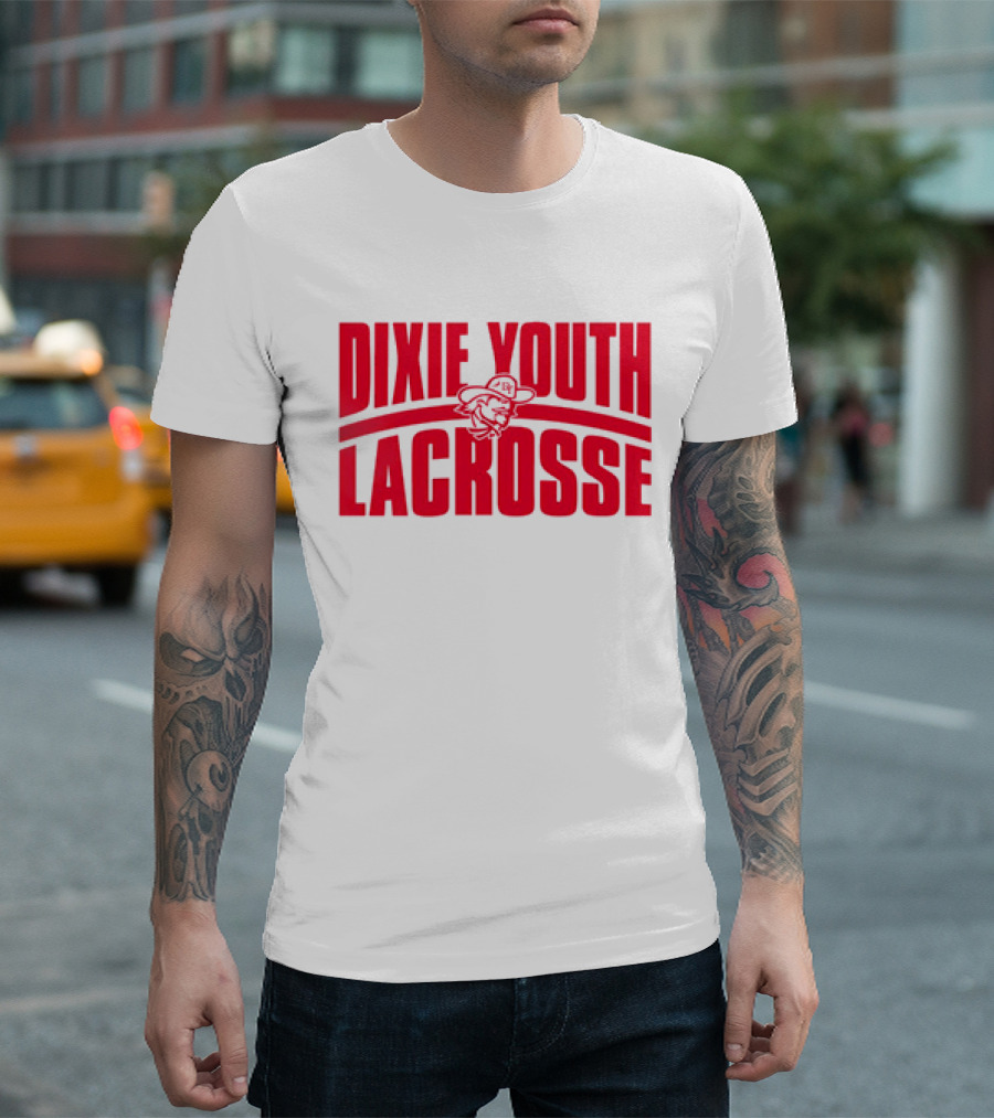 Dixie Youth Lacrosse Red Text Logo with Mascot Character T-Shirt