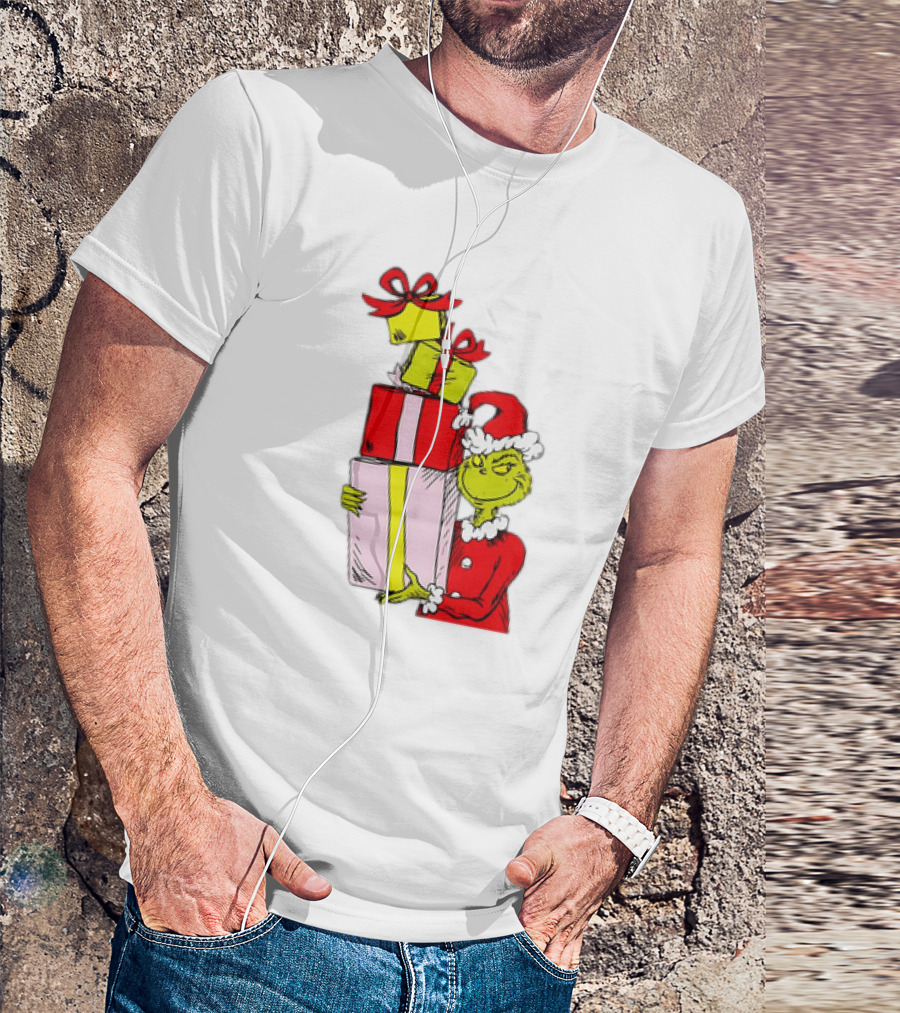 Grinch With Stacked Christmas Gifts Santa T-Shirt
