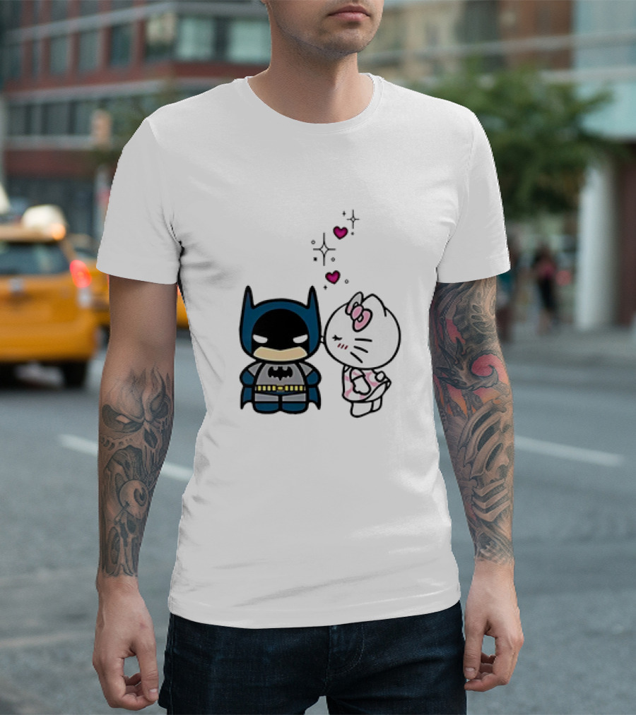 Hello Kitty Kissing Batman with Hearts and Sparkles T-Shirt