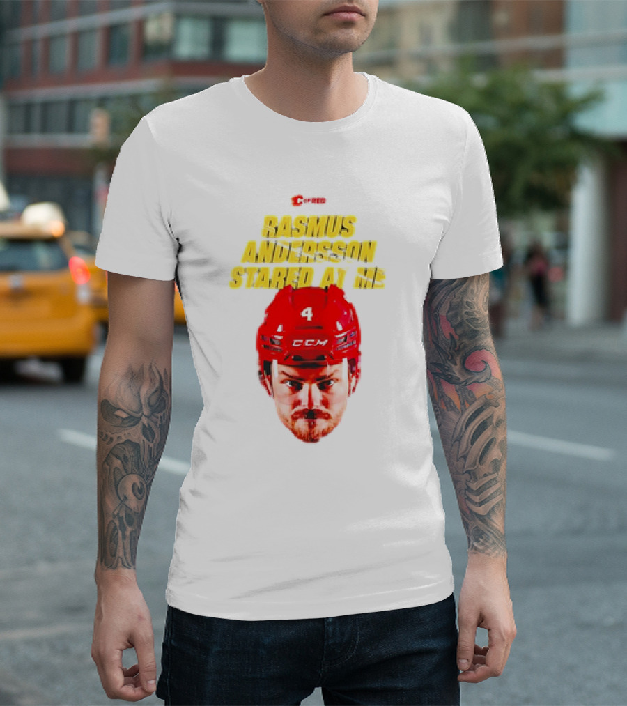 C of Red Rasmus Andersson Stared at Me CCM Red Helmet Number 4 T-Shirt