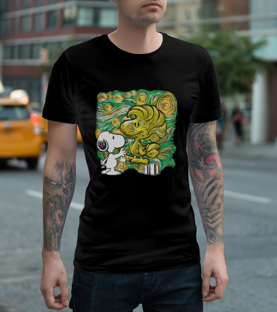 Peanuts Snoopy Spray Painting Woodstock In Starry Night Graffiti T-Shirt
