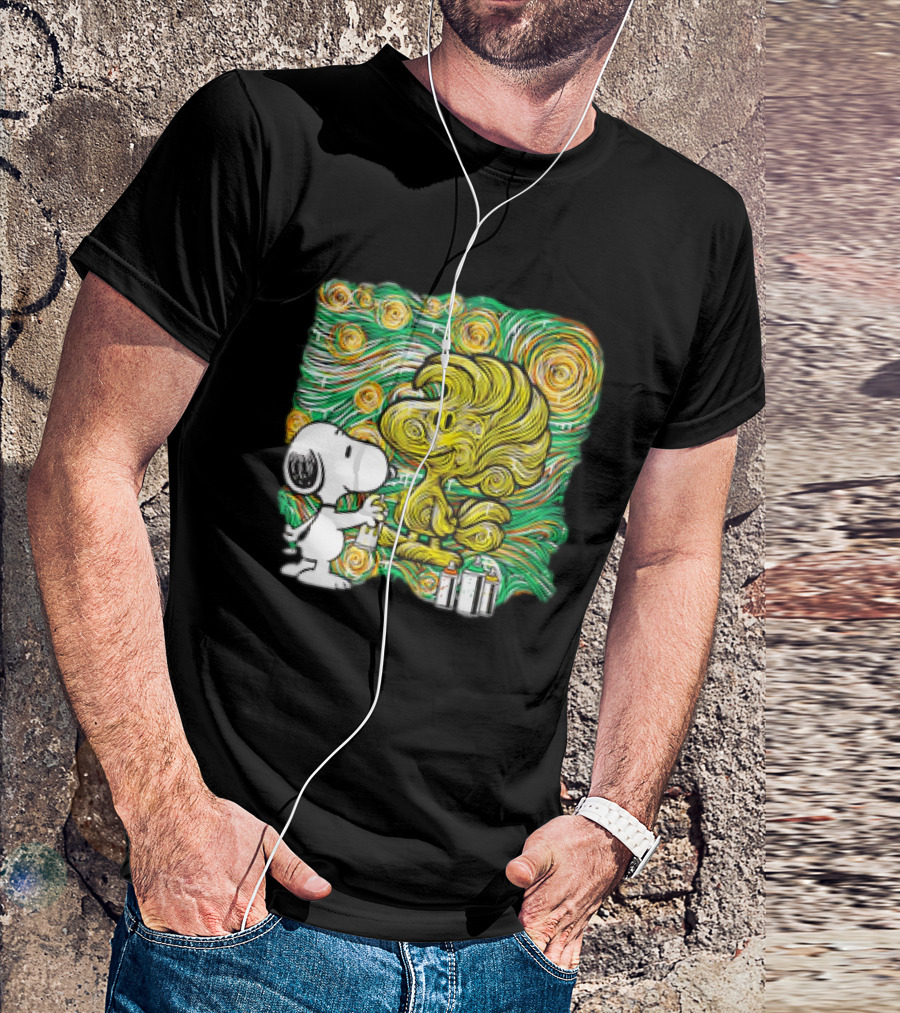 Peanuts Snoopy Spray Painting Woodstock In Starry Night Graffiti T-Shirt