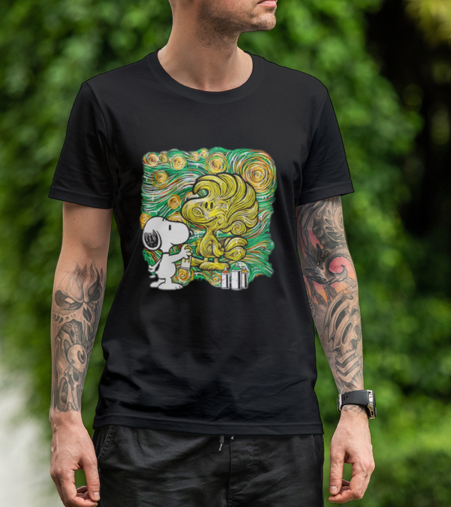 Peanuts Snoopy Spray Painting Woodstock In Starry Night Graffiti T-Shirt