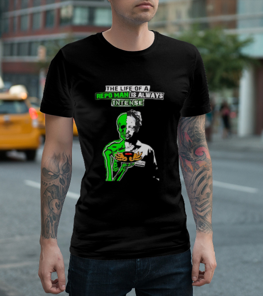 The Life of a Repo Man Is Always Intense Skull Duality Neon Green Skeleton Black Hat Grim Reaper Delivery Pizza Box Killer T-Shirt