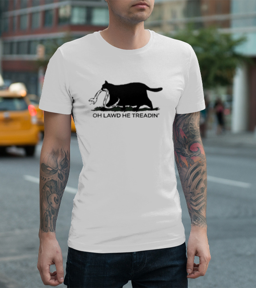 Oh Lawd He Treadin' Cat Silhouette Biting Snake T-Shirt