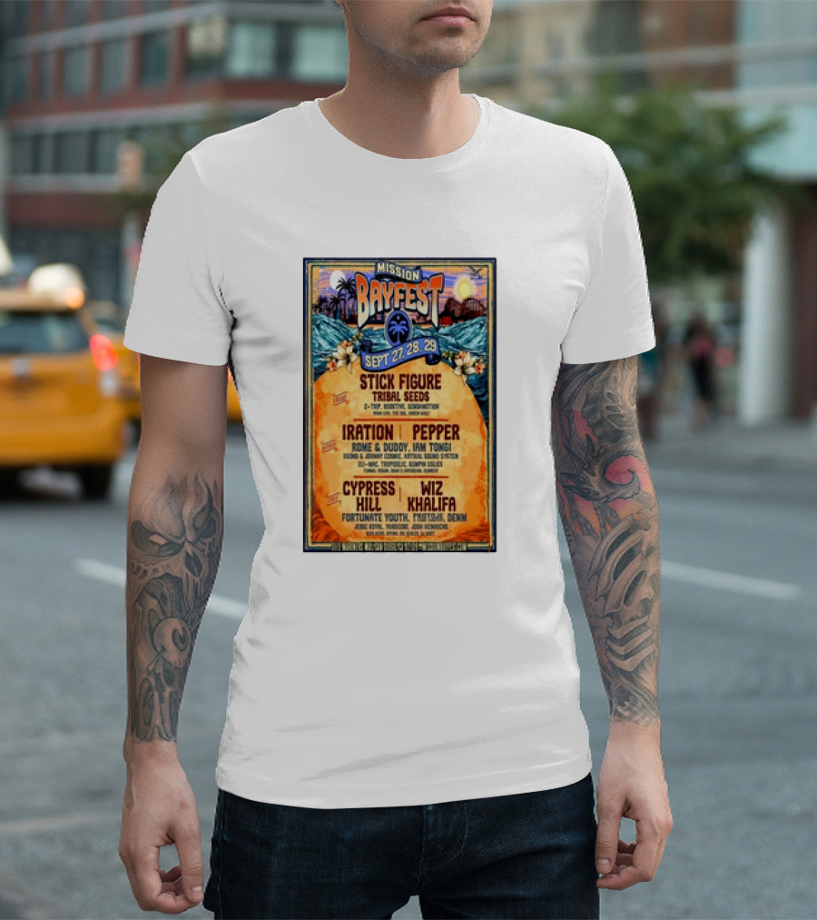 Mission Bayfest Sept 27-29 2024 San Diego Featuring Stick Figure Wiz Khalifa Cypress Hill Iration Pepper Tribal Seeds T-Shirt