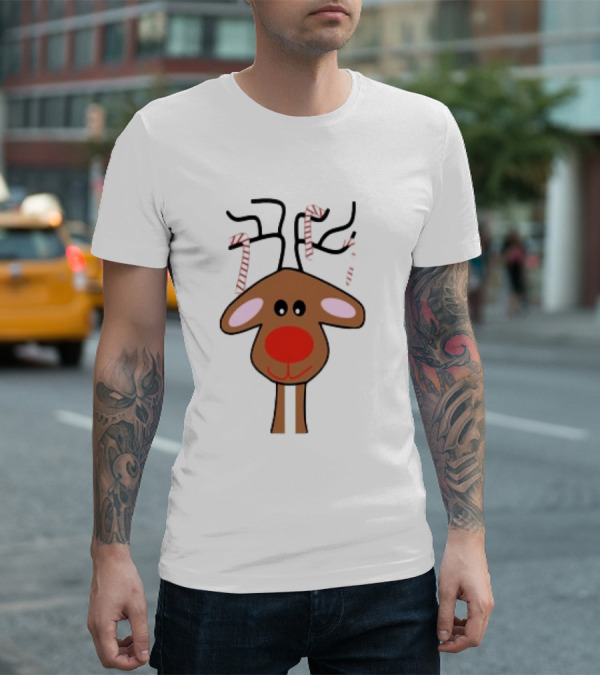 Red Nose Christmas Reindeer With Candy Cane Antlers T-Shirt