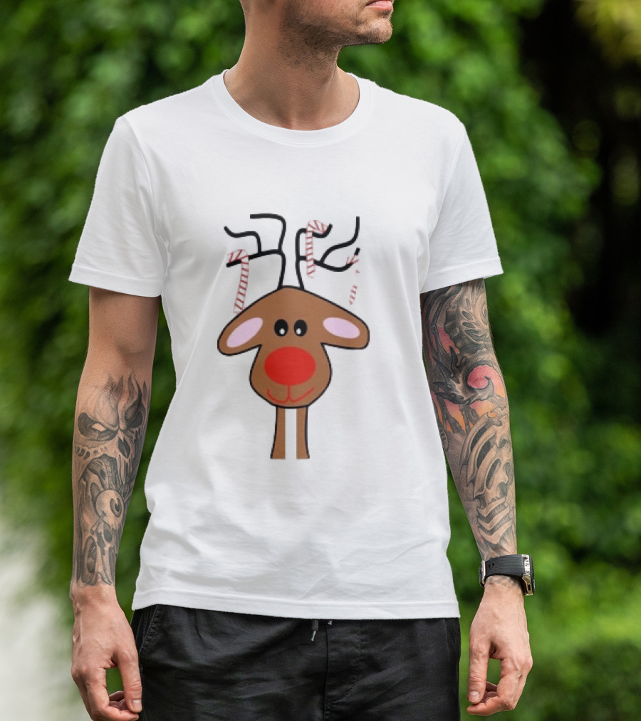 Red Nose Christmas Reindeer With Candy Cane Antlers T-Shirt