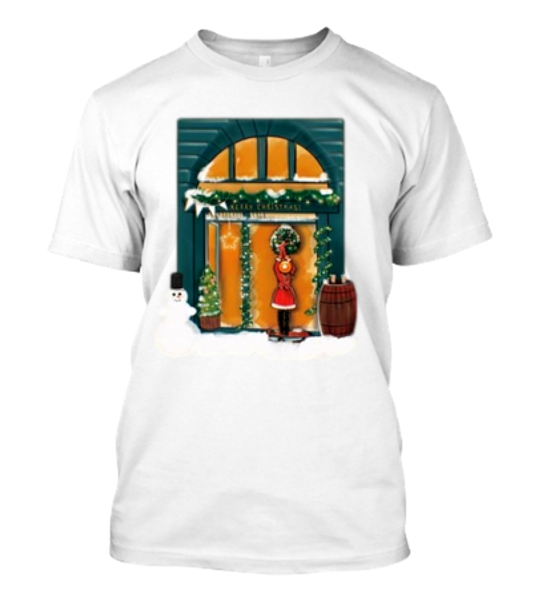 Merry Christmas Festive Door Snowman And Holiday Decor Scene T-Shirt