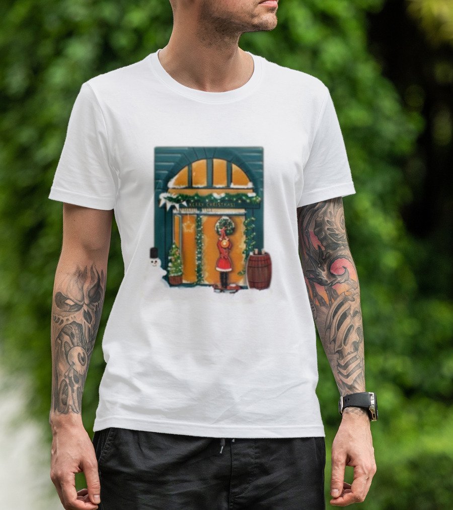 Merry Christmas Festive Door Snowman And Holiday Decor Scene T-Shirt
