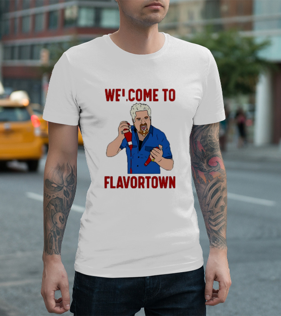 WECOME TO FLAVORTOWN Flavortown Guy Character Cartoon Blue Shirt Red Bottles T-Shirt