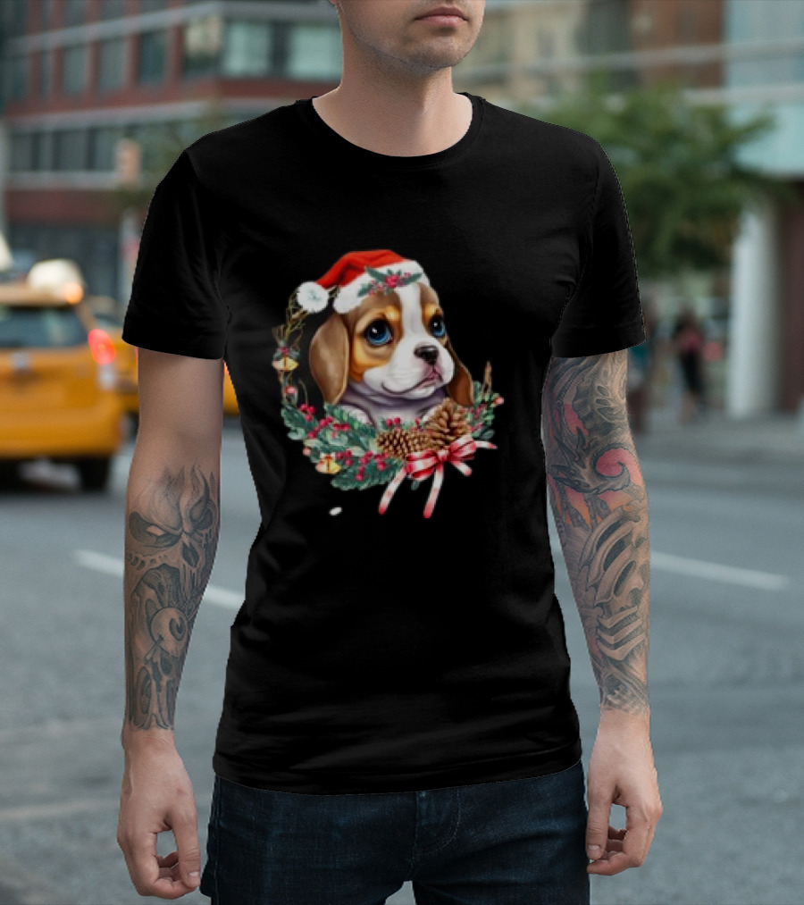 Christmas Beagle with Santa Hat and Holiday Wreath T-Shirt