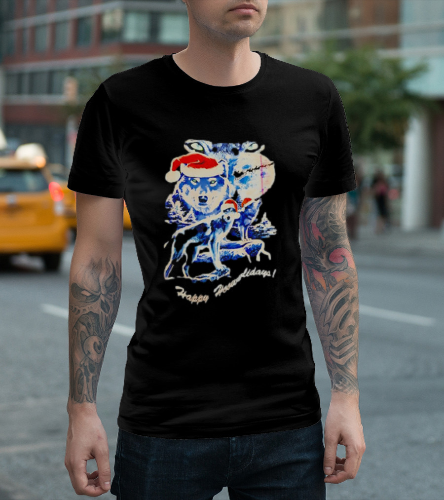Happy Howlidays Wolves Santa Hats Christmas T-Shirt