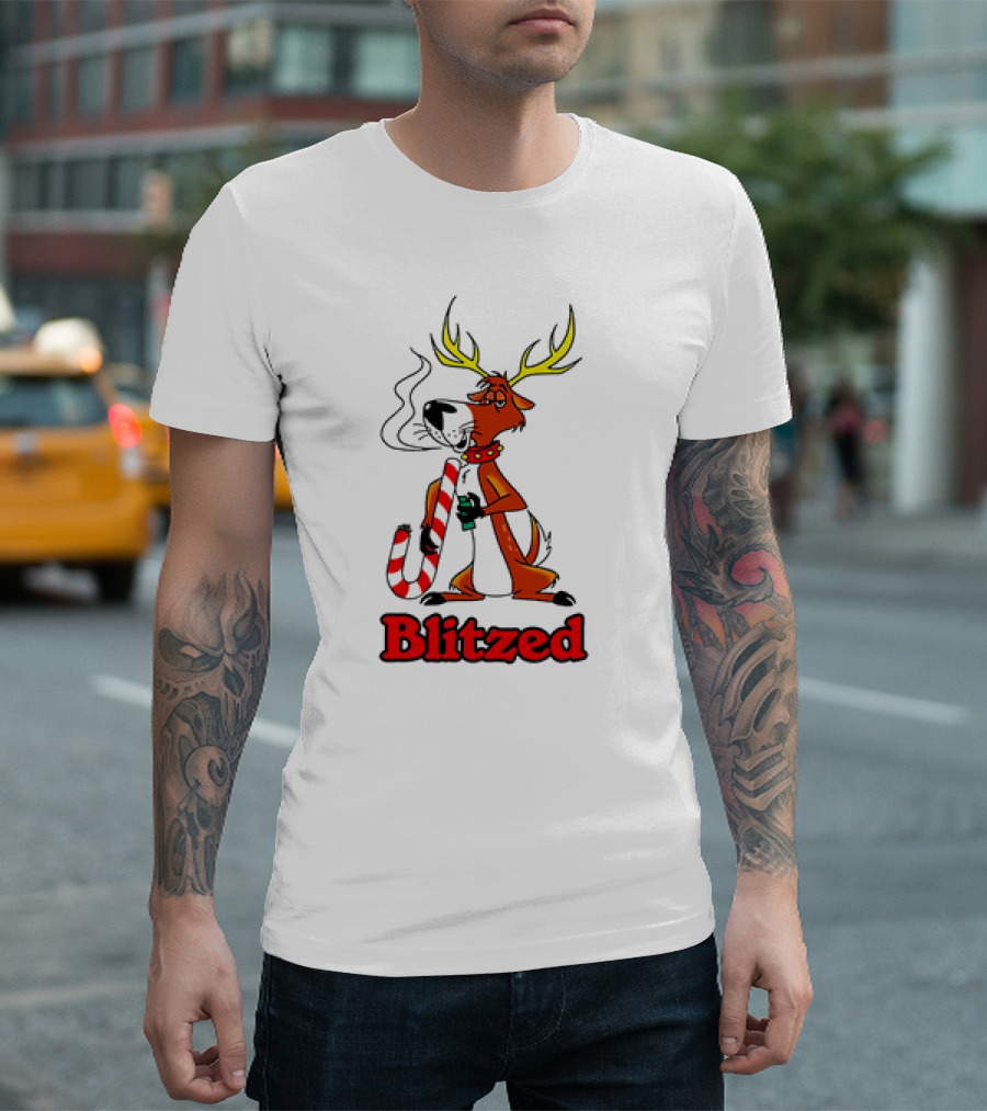 Blitzed Reindeer With Candy Cane And Holiday Cheer T-Shirt