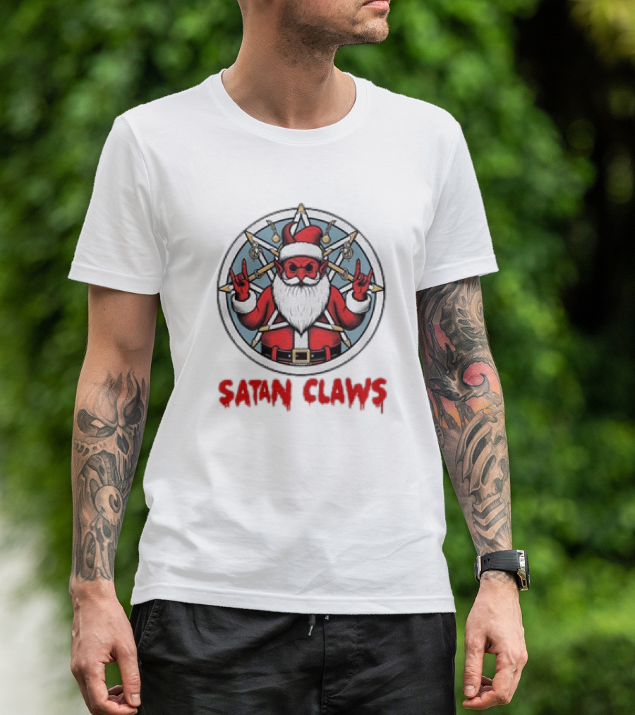 Satan Claws Christmas Pentagram Santa Rock Gesture T-Shirt