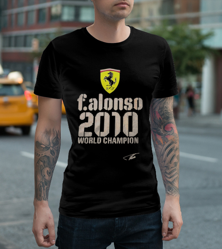 Ferrari F Alonso 2010 World Champion Vintage Logo Yellow Horse Badge T-Shirt