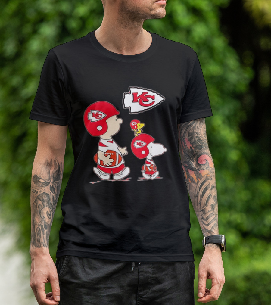 Peanuts Characters In Kansas City Chiefs Football Gear With KC T-Shirt